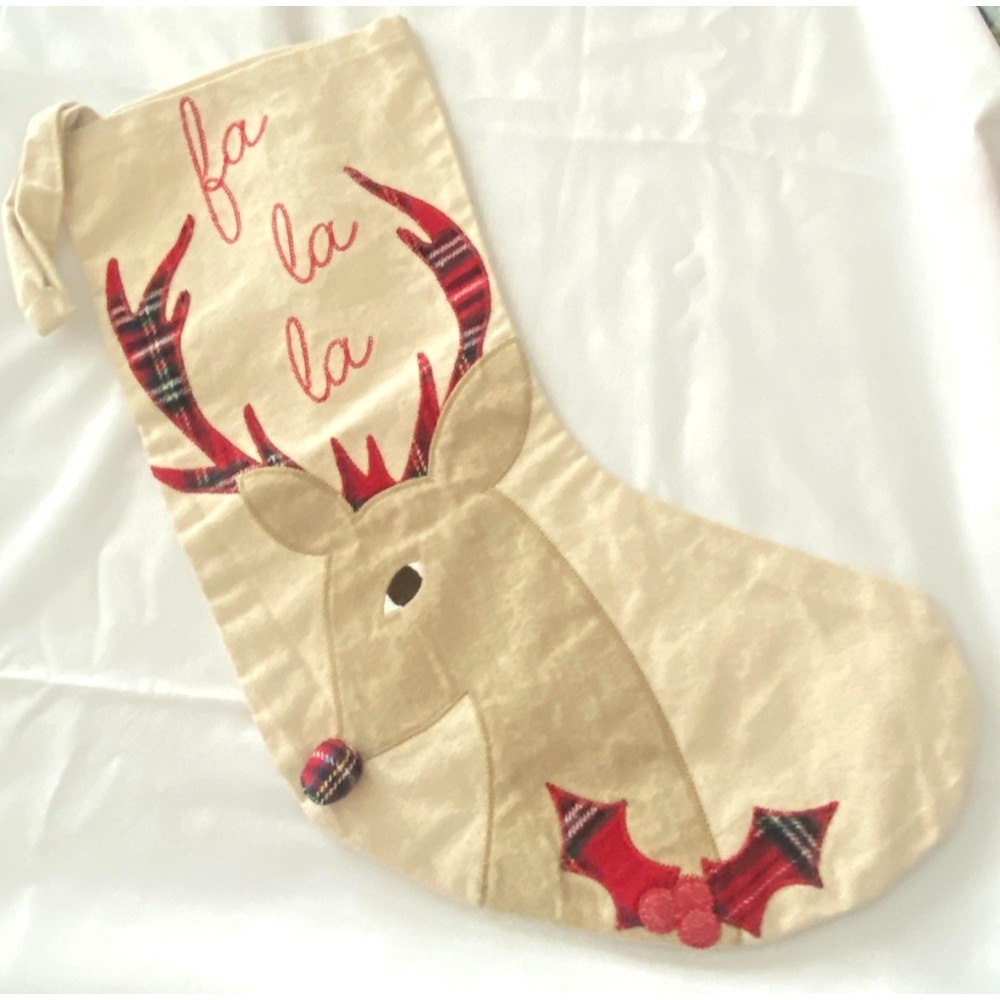 Mud Pie ~Christmas Stocking Canvas Applique Tan Plaid Reindeer Fa La La